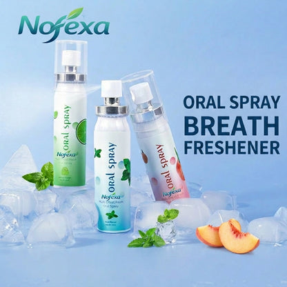 Nofexa Oral Spray collection with Mint, Lime, and Peach flavors on ice cubes