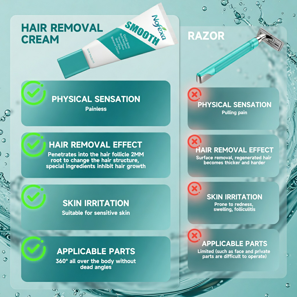 Nofexa Hair Removal Cream - Before and after result illustration showing clean hair-free skin