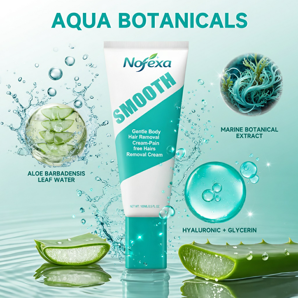 Nofexa Painless Hair Removal Cream - Close-up showing the creamy formula texture on a spatula