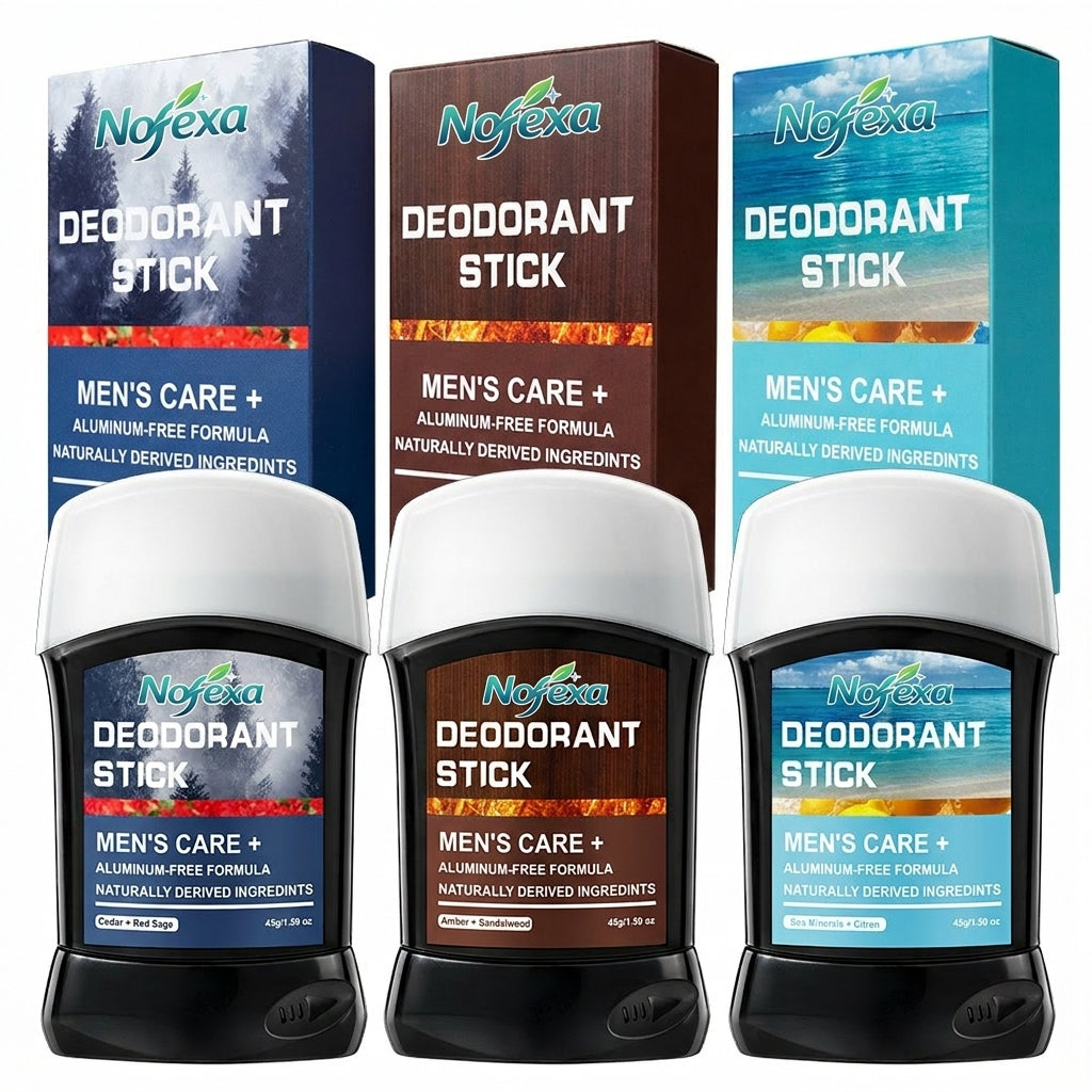 Group shot of Nofexa Deodorant Sticks with matching packaging boxes