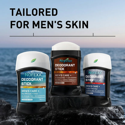 Nofexa Deodorant Sticks Collection - Cedar, Sea Minerals, and Amber variants on rocks with ocean background