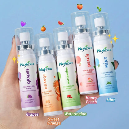 Hand holding five Nofexa Breath Spray flavors including Watermelon, Peach, and Orange