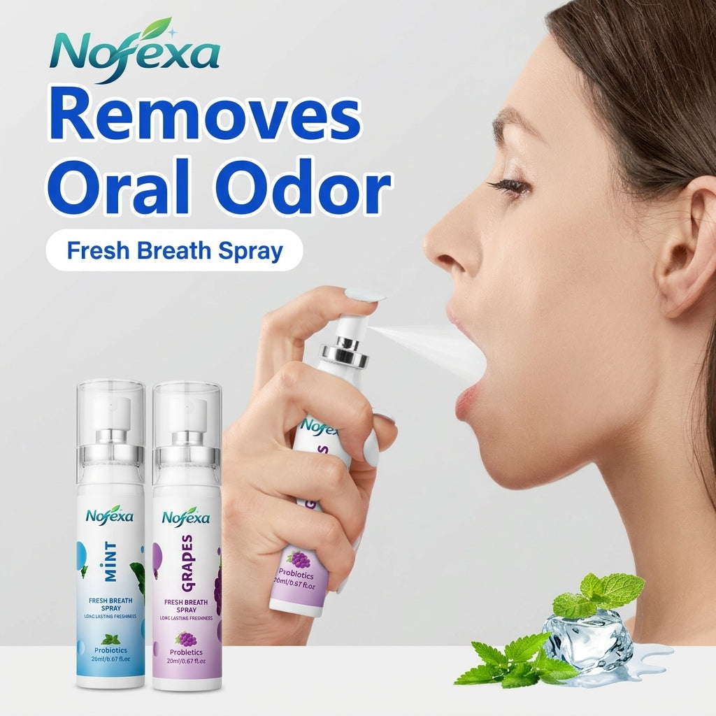 Nofexa Fresh Breath Spray - Lifestyle image of woman using probiotic mint spray