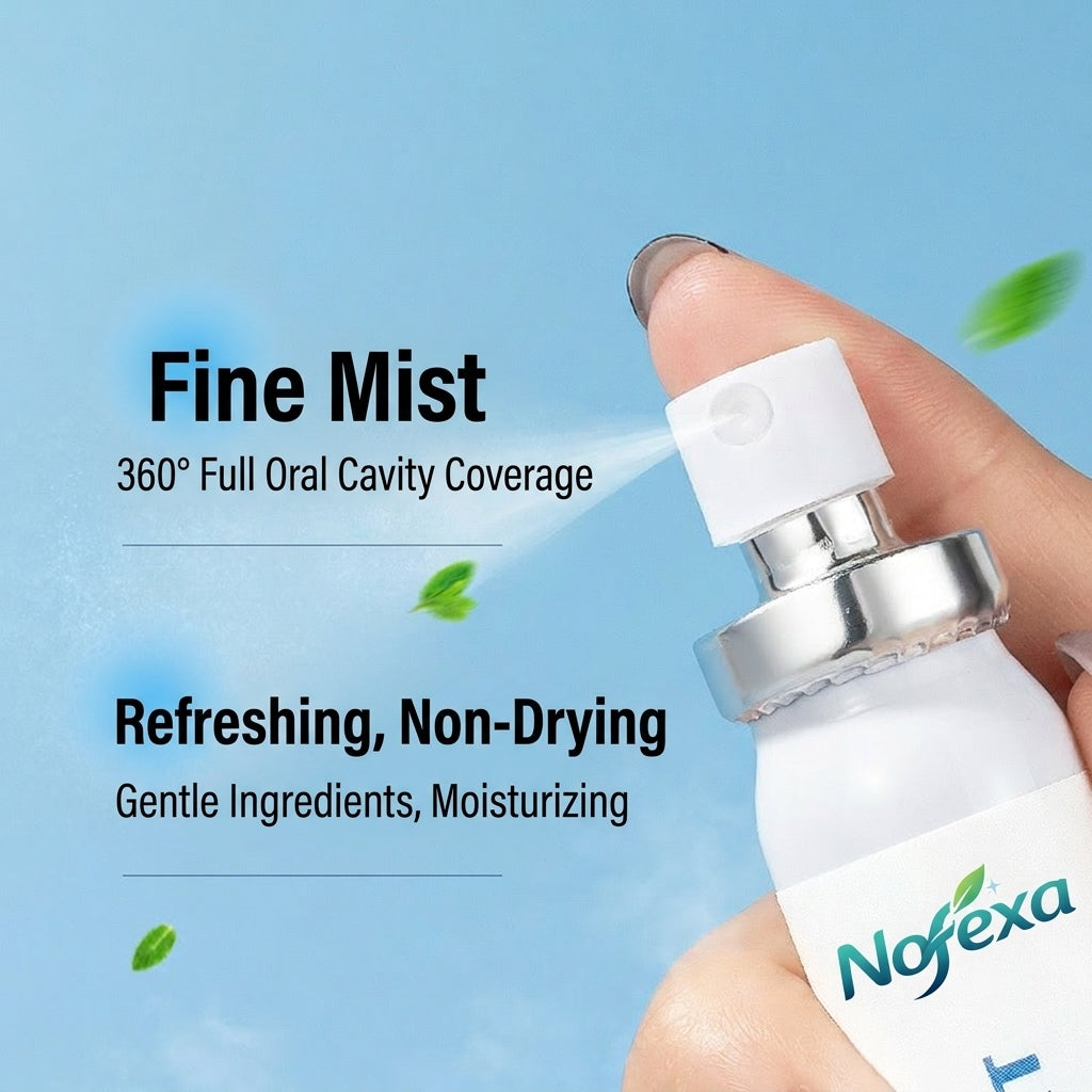 Macro view of Nofexa Oral Spray nozzle emitting a refreshing fine mist