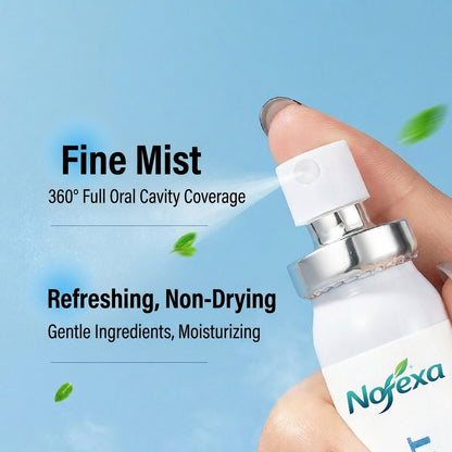 Macro view of Nofexa Oral Spray nozzle emitting a refreshing fine mist