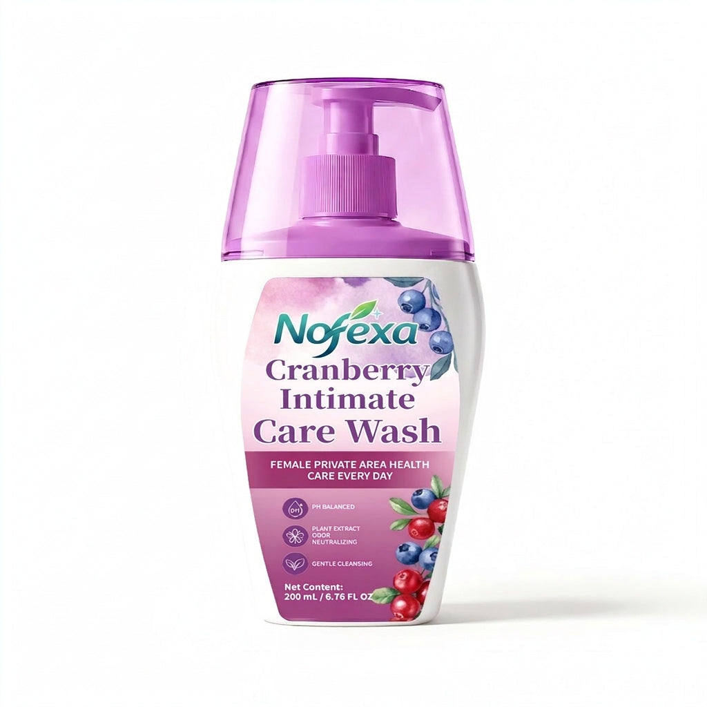 Nofexa Intimate Care Wash - Pink packaging box featuring cranberry infusion theme