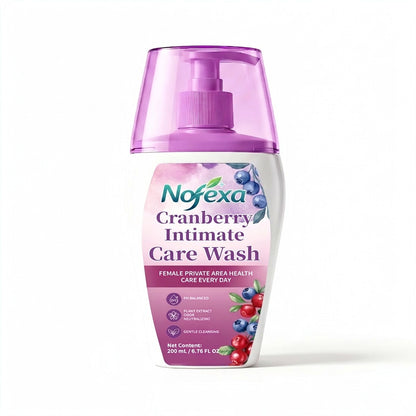 Nofexa Intimate Care Wash - Pink packaging box featuring cranberry infusion theme