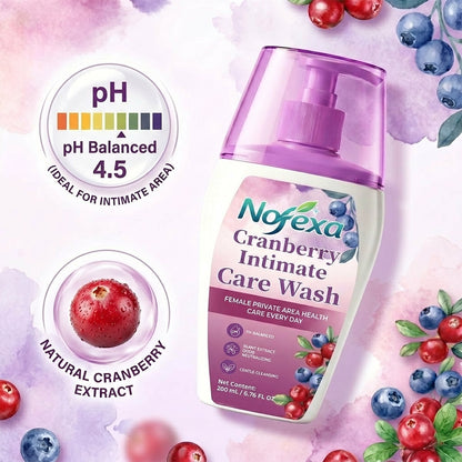 Nofexa Cranberry Intimate Care Wash - Main product shot with natural leaf aesthetic