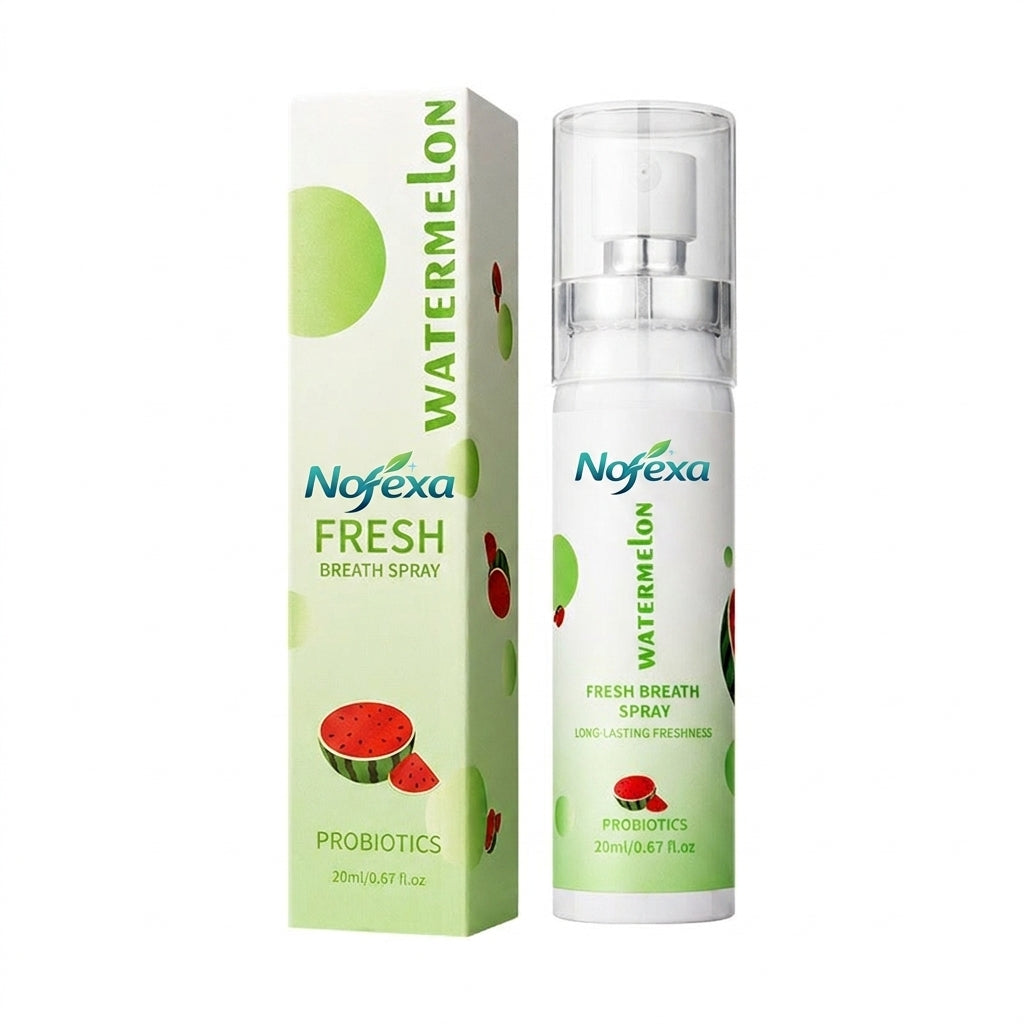 Nofexa Watermelon flavor Fresh Breath Spray with green probiotic packaging box