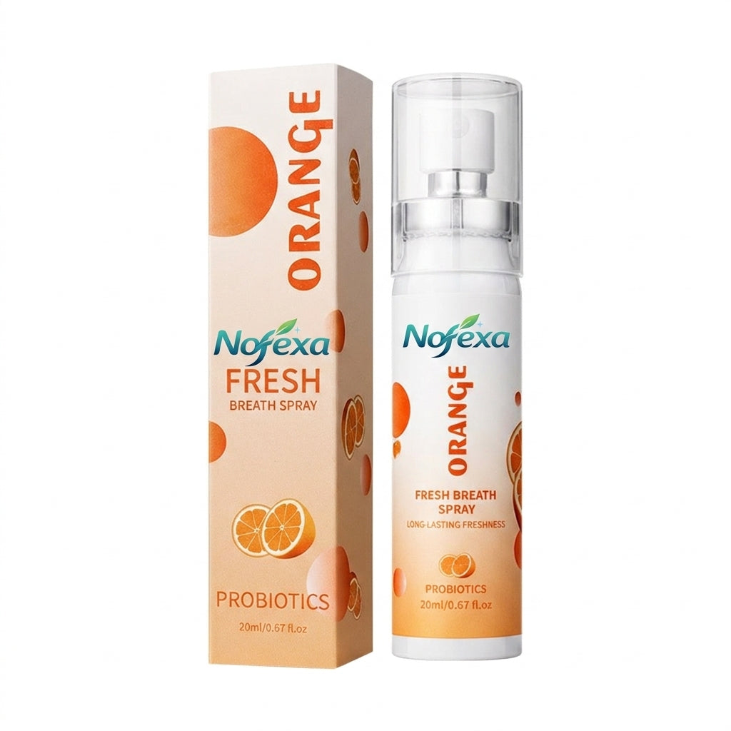 Nofexa Sweet Orange flavor Fresh Breath Spray with orange packaging box