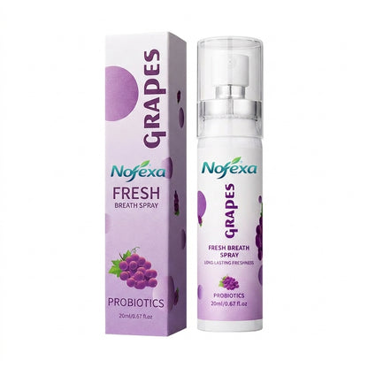 Nofexa Grapes flavor Fresh Breath Spray with its purple probiotic packaging